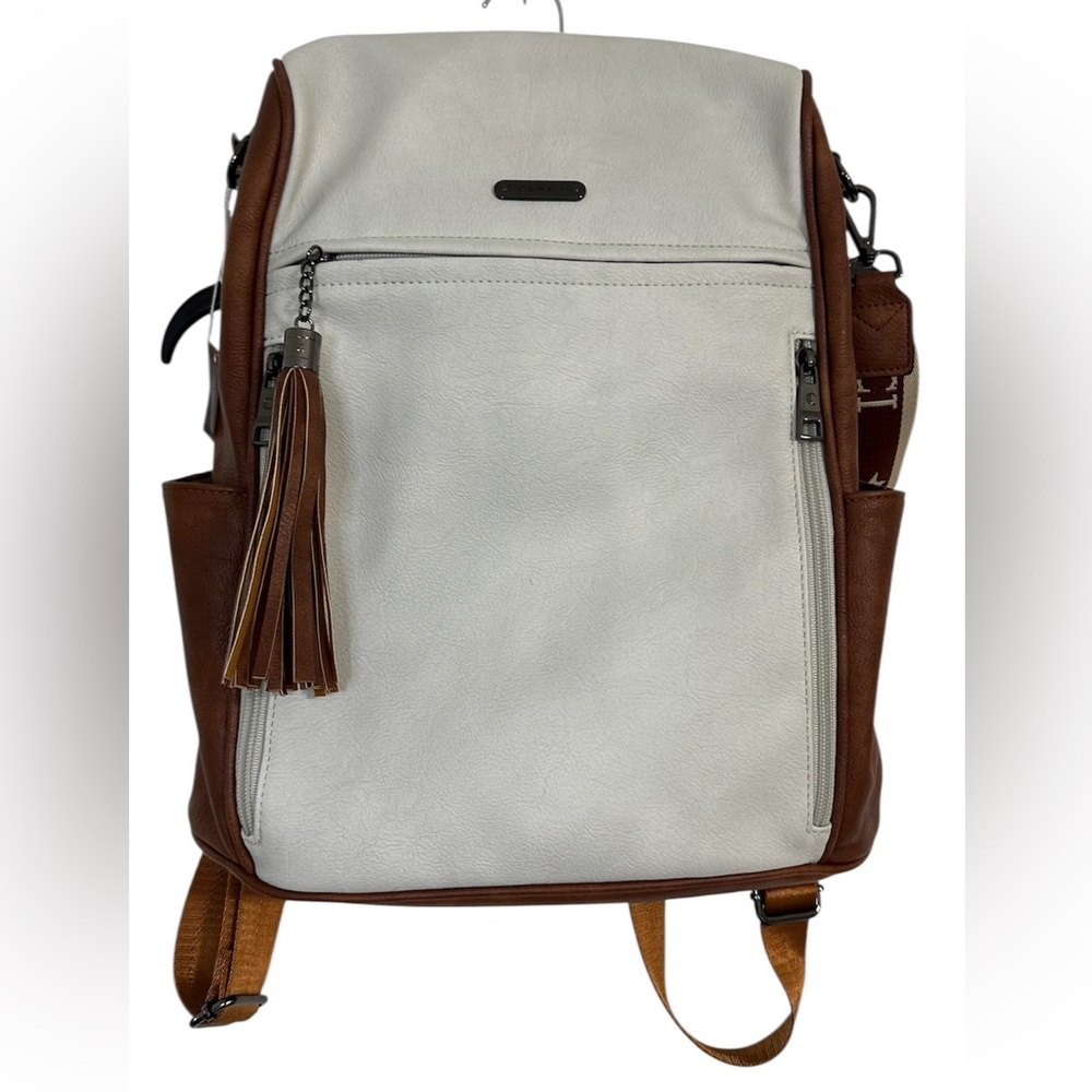 Women's Two-Tone White and Brown Faux Leather Backpack Tote